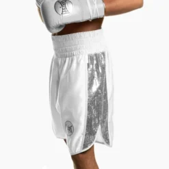 Suzi Wong X Geezers Satin/Sequin Boxing Shorts -Boxing Equipment Store sw1710 white sil 1